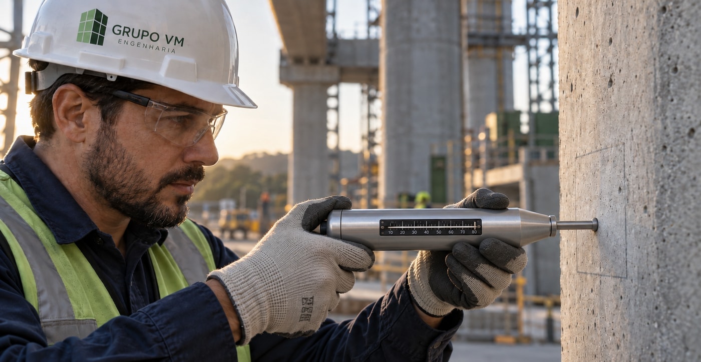 Técnico do Grupo VM aplicando esclerômetro em pilar de concreto, com a escala do aparelho visível