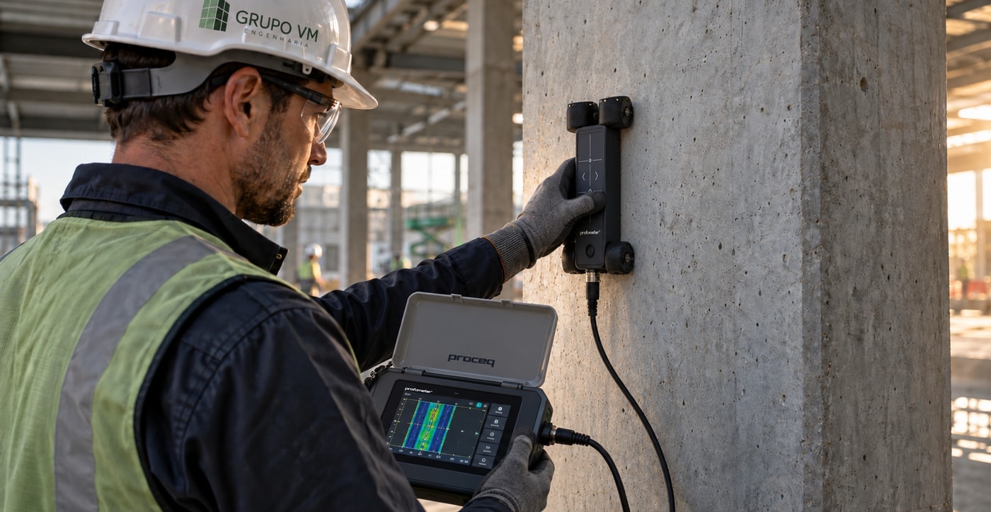 Técnico do Grupo VM com o sensor do pacômetro apoiado em pilar de concreto e o leitor exibindo o mapa das armaduras