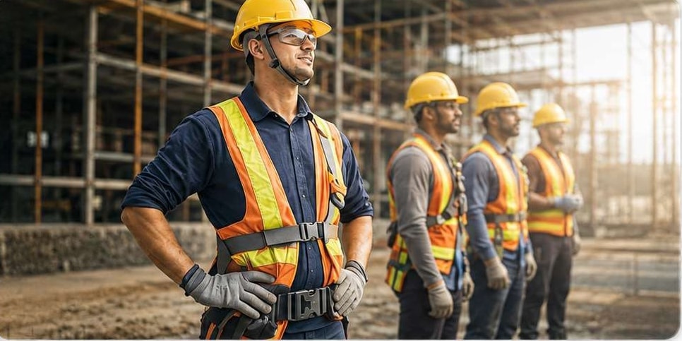 Equipe de obra com capacetes, óculos e coletes refletivos em canteiro